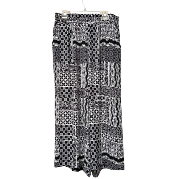 Rose & Olive Pants - ROSE + OLIVE Black White Print Wide Leg Pants Size XL Elastic Waist Soft BOHO